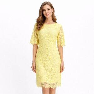 SANDRA DARREN Size 10 Yellow Floral Crochet Lace Half Sleeve Sheath Dress